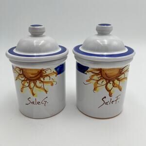 Vtg 2 Hand Painted Ceramic Lidded Salt Wells Cellars Italy Sale G/F Sun Signed
